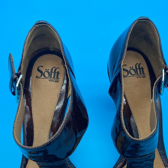 Söfft Brown Patent Crinkled Leather T-Strap Heeled Sandals Pumps Size 10M - Picture 9 of 14